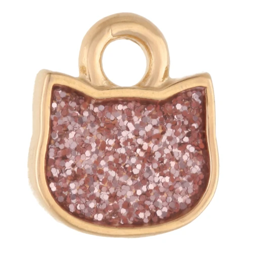 Dije cabeza de gato 9x8 mm - Dorado con oro fino - Purpurina rosa x1