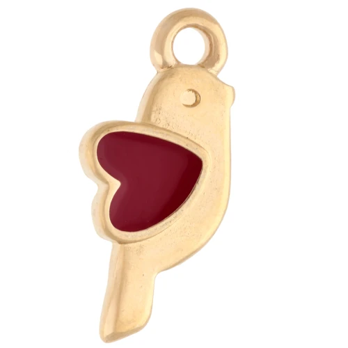 Colgante pájaro y corazón 18x8 mm - Dorado con oro fino - Rojo x1