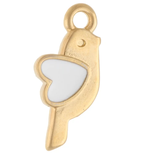 Colgante pájaro y corazón 18x8 mm - Dorado con oro fino - Blanco x1
