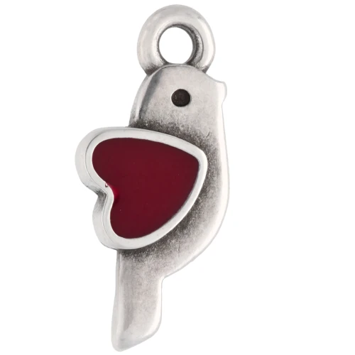 Colgante pájaro y corazón 18x8 mm - Plateado plata envejecida - Rojo x1