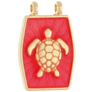 Colgante intercalario 22,5x15 mm - motivo tortuga - Dorado con oro fino - Coral fluorescente