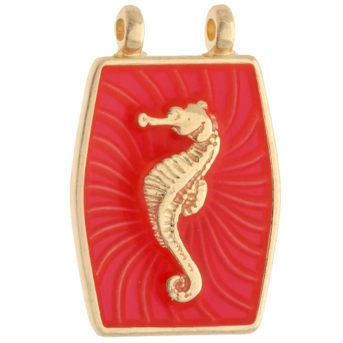 Colgante caballito de mar 22,5x15 mm - Dorado con oro fino - Coral fluorescente