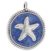 Colgante estrella de mar redonda irregular 20mm Plata de ley envejecida Perla azul