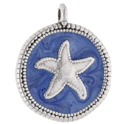 Colgante estrella de mar redonda irregular 20mm Plata de ley envejecida Perla azul