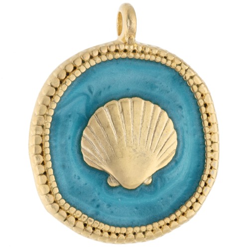 Colgante de concha redonda irregular de 20 mm - Dorado con oro fino - Turquesa nacarada x1