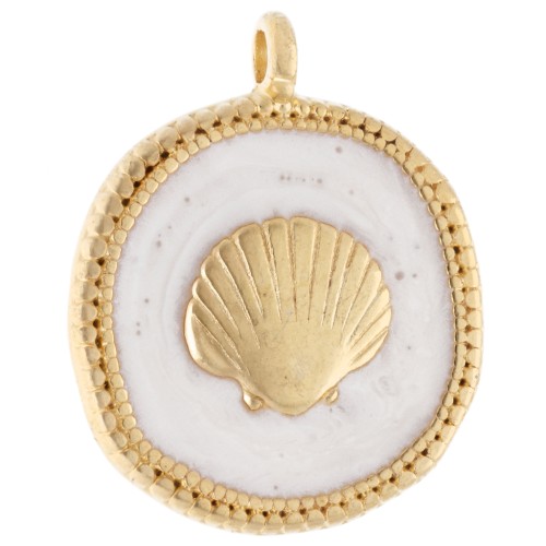 Colgante redondo irregular concha 20 mm - Dorado con oro fino - Blanco nacarado x1