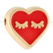 Cuenta en forma de corazón de 9x10 mm con resina epoxi - Dorado con oro fino - Rojo claro x1