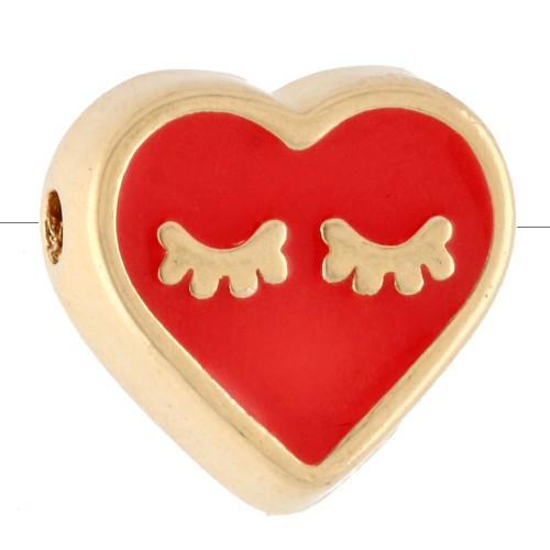 Cuenta en forma de corazón de 9x10 mm con resina epoxi - Dorado con oro fino - Rojo claro x1