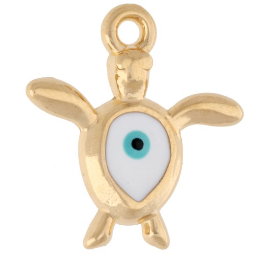 Colgante tortuga 18,5x17 mm - Motivo ojo - Dorado oro fino - Blanco - Azul x1