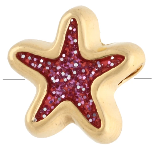 Perla estrella de mar de 10 mm con resina epoxi - Dorado con oro fino - Purpurina rosa x1