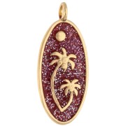 Colgante oval 28,5x12,5 mm con motivo de palmera - Dorado con oro fino - Purpurina rosa x1|raw }}
