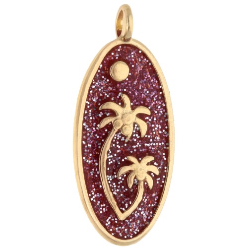 Colgante oval 28,5x12,5 mm con motivo de palmera - Dorado con oro fino - Purpurina rosa x1