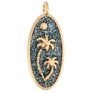 Colgante oval 28,5x12,5 mm con motivo de palmera - Dorado con oro fino - Azul-gris brillante