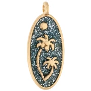 Colgante oval 28,5x12,5 mm con motivo de palmera - Dorado con oro fino - Azul-gris brillante