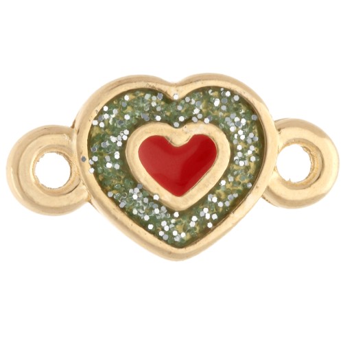 Entrepieza en forma de corazón de 15 x 8,5 mm de resina epoxi - Dorado con oro fino - Con purpurina verde - Naranja