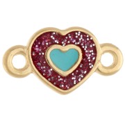 Entrepieza en forma de corazón de 15 x 8,5 mm de resina epoxi - Dorado con oro fino - Con purpurina rosa - Azul