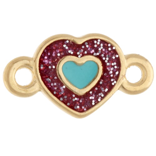 Entrepieza en forma de corazón de 15 x 8,5 mm de resina epoxi - Dorado con oro fino - Con purpurina rosa - Azul