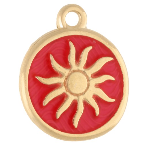 Colgante redondo irregular 15 mm - Motivo sol - Dorado con oro fino - Coral fluorescente x1