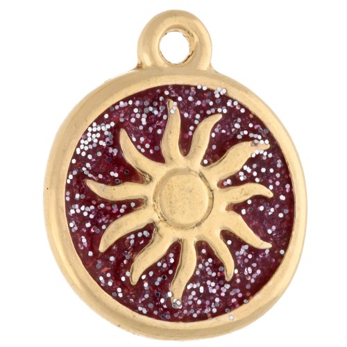 Colgante redondo irregular 15 mm - Motivo sol - Dorado con oro fino - Purpurina rosa