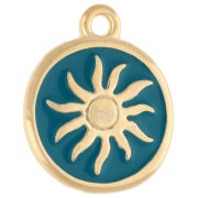 Dije redondo irregular 15 mm - Motivo sol - Dorado con oro fino - Azul petróleo|raw }}
