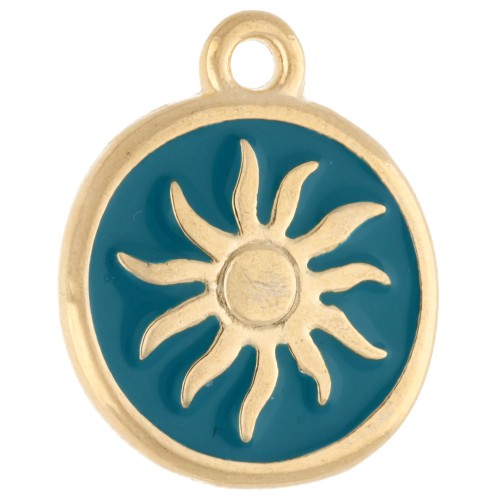 Dije redondo irregular 15 mm - Motivo sol - Dorado con oro fino - Azul petróleo