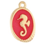 Colgante oval 21x13,5 mm - motivo caballito de mar - Dorado con oro fino - Coral fluorescente x1|raw }}