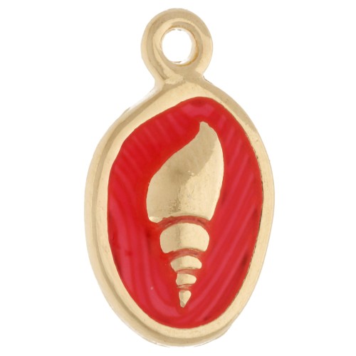 Charm oval 19x11 mm - Motivo concha - Dorado con oro fino - Coral fluorescente x1