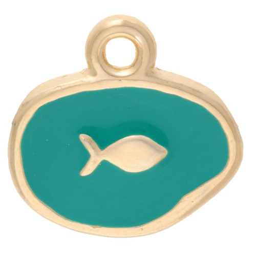 Dije ovalado irregular 13mm - Motivo pez - Dorado con oro fino - Verde turquesa