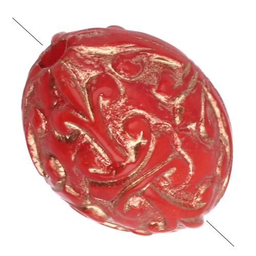 Cuentas con forma de oliva 10x8 mm en resina opaca - Estilo barroco - Rojo - Dorado x4