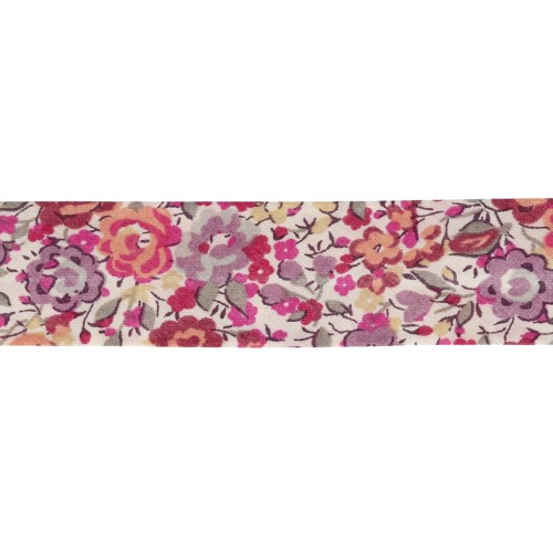 Cinta al bies de tela Liberty - Emma and Georgina - Blanco - Rosa - Violeta x 1 m