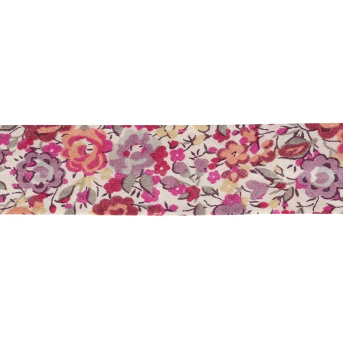 Cinta al bies de tela Liberty - Emma and Georgina - Blanco - Rosa - Violeta x 1 m