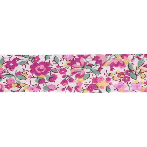 Cinta al bies de tela Liberty - Emma and Georgina - Blanco - Fucsia - Verde x 1 m