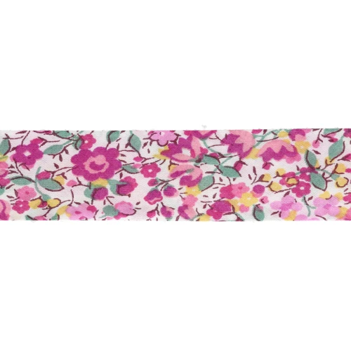 Cinta al bies de tela Liberty - Emma and Georgina - Blanco - Fucsia - Verde x 1 m
