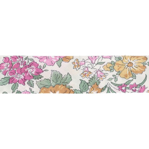Cinta al bies de tela Liberty - Clare Rich - Blanco - Rosa - Verde x 1 m