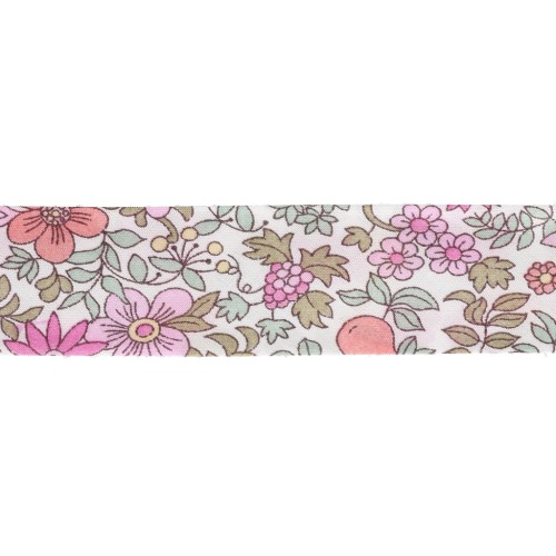 Cinta al bies de tela Liberty - Fruit Punch - Blanco - Rosa - Verde pastel x 1 m