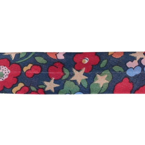 Cinta al bies de tela Liberty - Christmas Betsy - Azul noche - Rojo - Dorado x 1 m