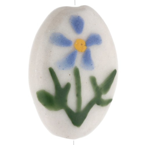 Cuenta cerámica oval 19x14,5 mm - motivo flor - Blanco - Azul - Verde x1
