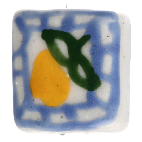 Cuenta cuadrada de cerámica 16 mm - Motivo limón - Azul - Amarillo x1