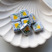 Cuenta cuadrada de cerámica 16 mm - Motivo limón - Azul - Amarillo x1