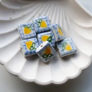 Cuenta cuadrada de cerámica 16 mm - Motivo limón - Azul - Amarillo x1