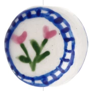 Cuenta cerámica redonda plana 19 mm - flores - Blanco - Azul x1