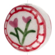 Cuenta cerámica redonda plana 19 mm - flores - Blanco - Rosa x1