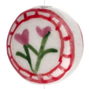 Cuenta cerámica redonda plana 19 mm - flores - Blanco - Rosa x1