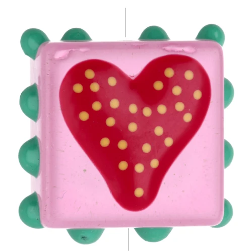 Cuenta de vidrio cuadrada de 17 mm con bolitas - Corazón - Rosa - Rojo x1