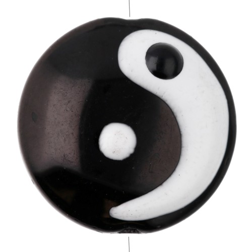 Cuenta de vidrio aplanada redonda de 16,2 mm - Motivo Yin y Yang - Negra - Blanca x1