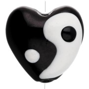 Corazón - Cuenta corazón de vidrio 13,5x14 mm - motivo Yin y Yang - Negro - Blanco x1 Cuenta corazón de vidrio 13,5x14 mm - motivo Yin y Yang - Negro - Blanco x1
