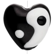 Cuenta corazón de vidrio 13,5x14 mm - motivo Yin y Yang - Negro - Blanco x1