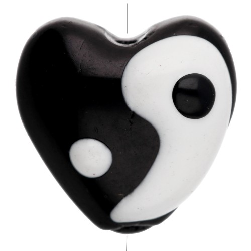 Cuenta corazón de vidrio 13,5x14 mm - motivo Yin y Yang - Negro - Blanco x1