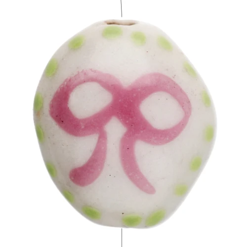 Cuenta oval de cerámica 15x12,5 mm - Motivo lazo - Blanco - Rosa - Verde x1