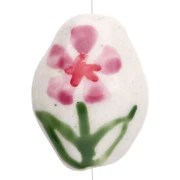 Cuenta oval de cerámica 15,5x12,5 mm - Motivo flor - Blanco - Rosa - Verde x1